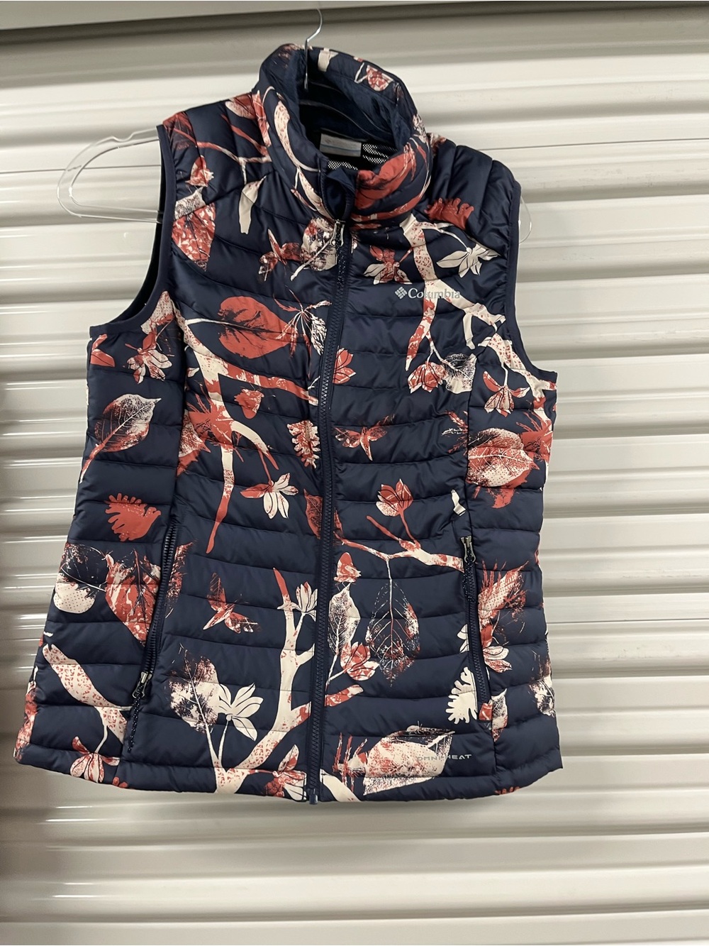 Columbia Navy Floral Puffer Vest with Rust and Cream Accents